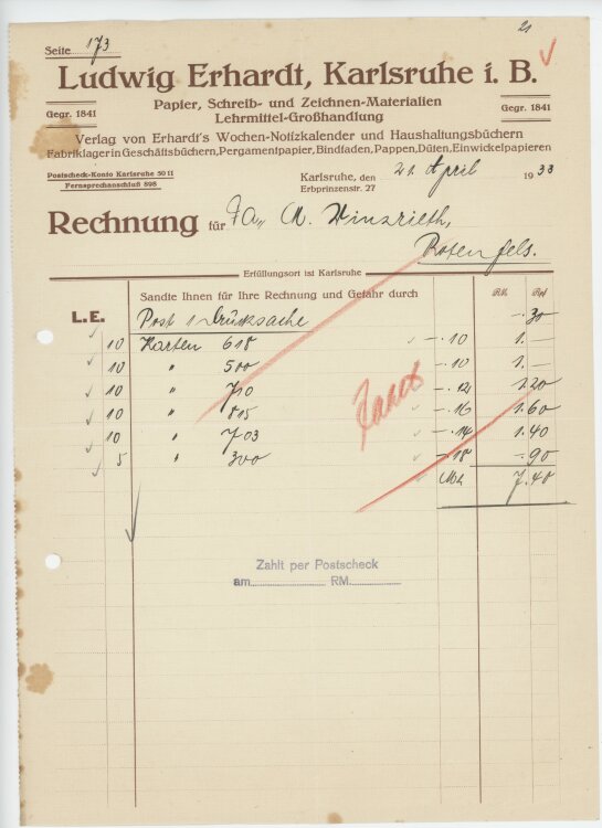 Firma M. Winzrieth (Kaufhaus)an Ludwig Erhardt Lehrmittel-Großhandlung- Rechnung - 21.03.1933