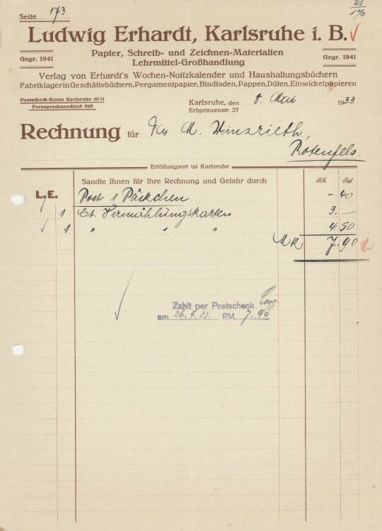 Firma M. Winzrieth (Kaufhaus)an Ludwig Erhardt Lehrmittel-Großhandlung- Rechnung - 08.05.1933