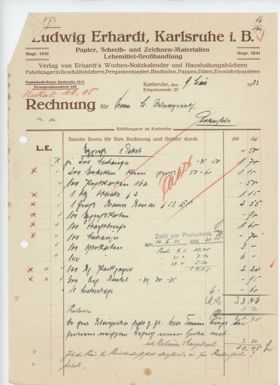 Firma M. Winzrieth (Kaufhaus)an Ludwig Erhardt Lehrmittel-Großhandlung- Rechnung - 09.03.1933