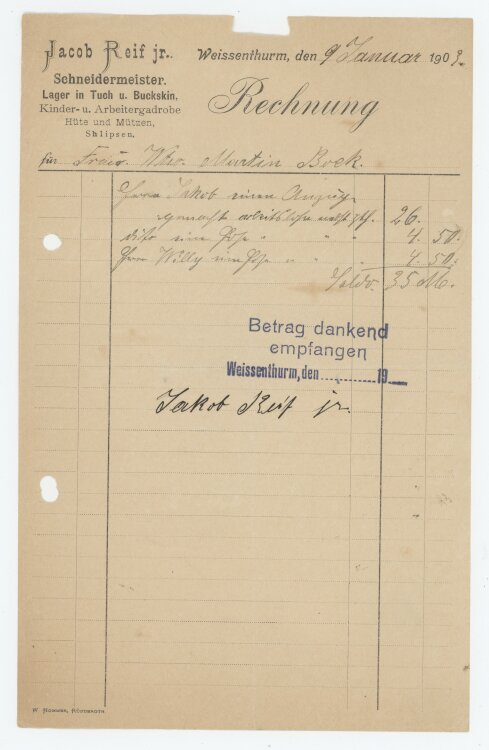 Witwe Martin Bock (Brauermeister).an Jacob Reif jr.- Rechnung - 09.01.1903