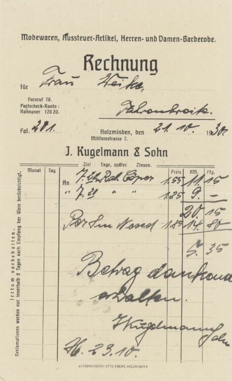 Frau Weikean J. Kugelmann & Sohn- Rechnung - 21.10.1930