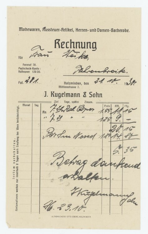 Frau Weikean J. Kugelmann & Sohn- Rechnung - 21.10.1930