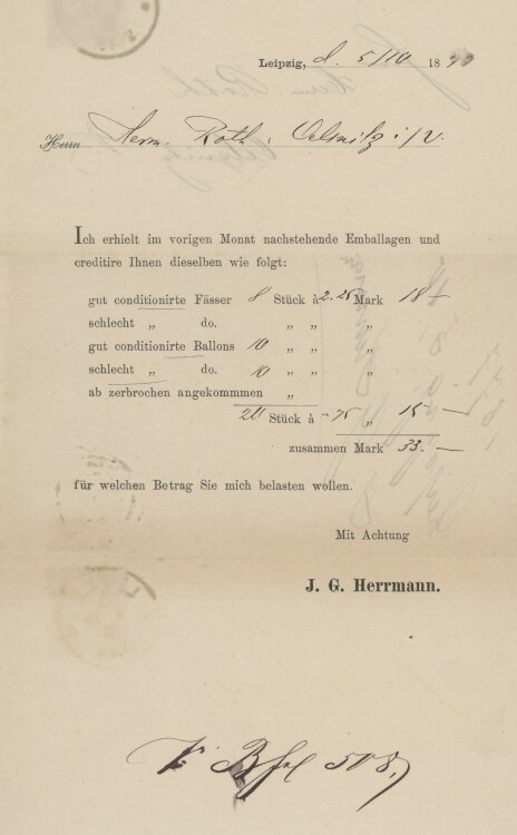 Herr Rothan J. G. Herrmann- Rechnung - 05.10.1877