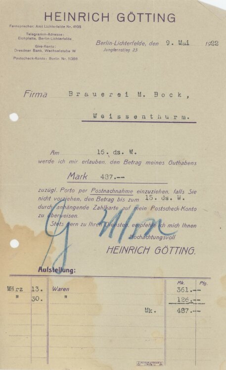 Brauerei M. Bockan Heinrich Götting- Rechnung - 09.05.1922