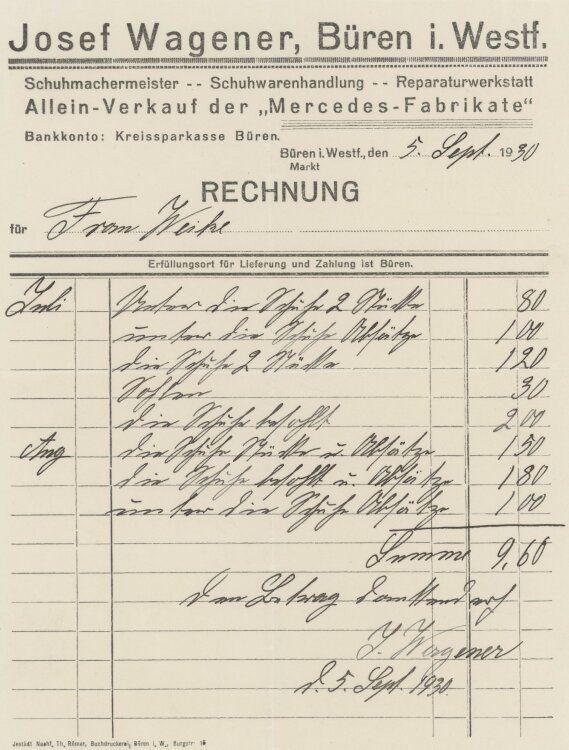 Frau Weikean Josef Wagener, Schuhmachermeister- Rechnung - 05.09.1930
