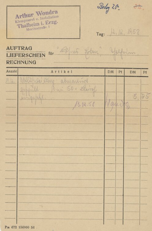 Böhns Erbenan Arthur Wondra- Rechnung - 12.12.1958