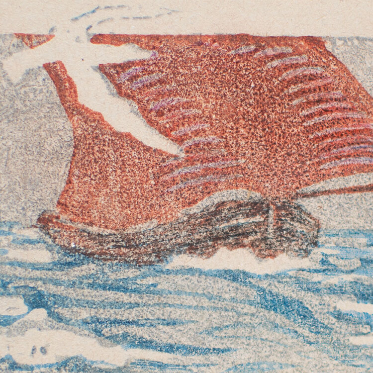 Lina Elisabeth Margarete Gerhardt - maritime Szenerie - o.J. - Farblinolschnitt auf Blanko-Postkarte
