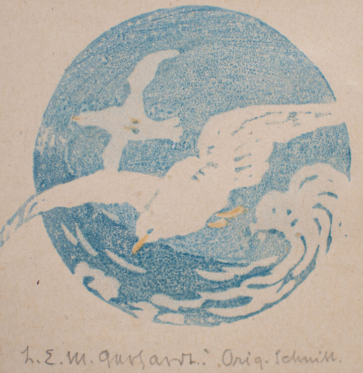 Lina Elisabeth Margarete Gerhardt - Möwenflug - o.J. - Linolschnitt in Blau und Farbstift auf Blanko-Postkarte