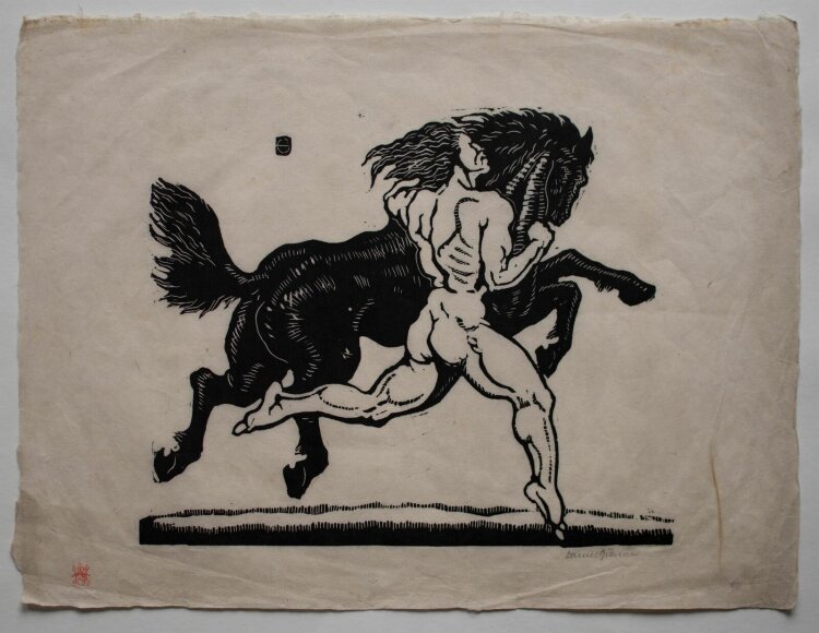 Daniel Greiner - Männerakt mit Pferd - o.J. - Holzschnitt auf Japanpapier