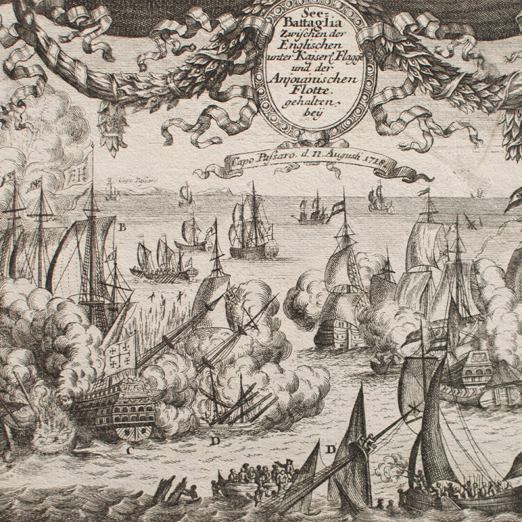 Gabriel Bodenehr - Seeschlacht vor Kap Passero - 1718 - Kupferstich auf Büttenpapier