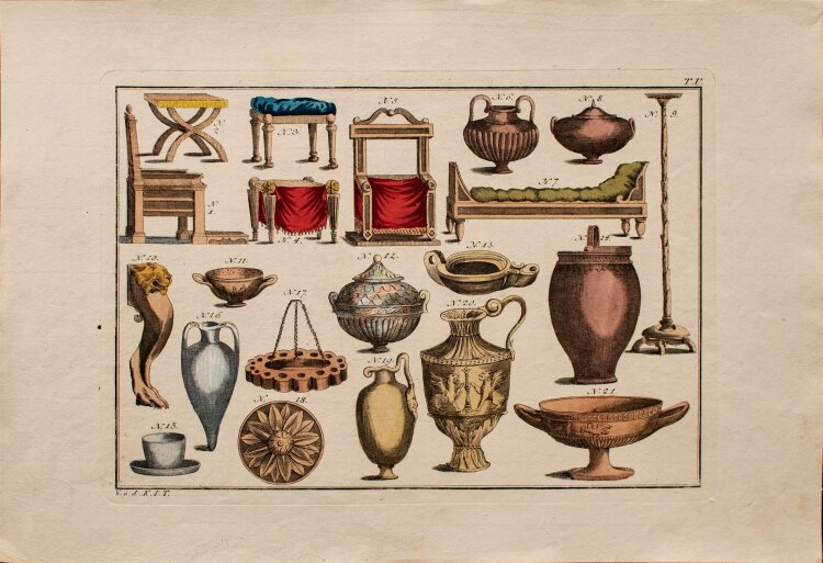Johann Paul Weindl - antike Gegenstände - kolorierte Kupferstich - o.J.