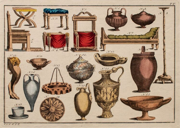 Johann Paul Weindl - antike Gegenstände - kolorierte Kupferstich - o.J.