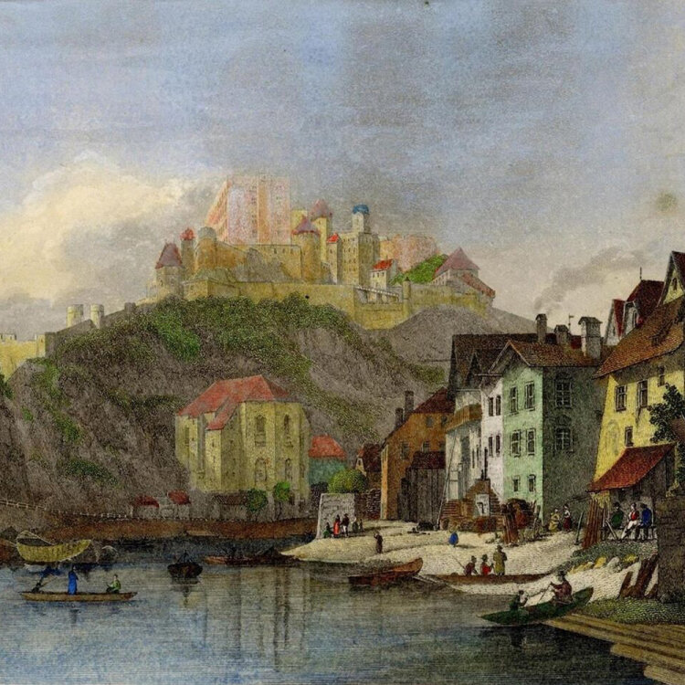 Johann Gabriel Friedrich Poppel - Festung Ober- und Niederhaus - undatiert - kolorierter Stahlstich