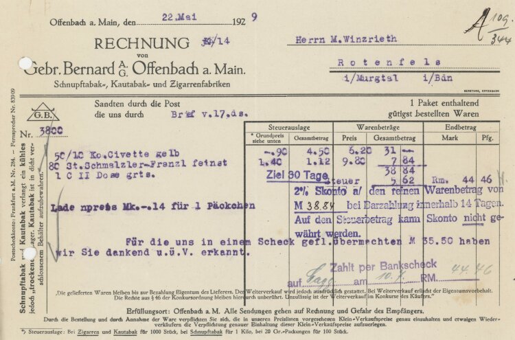 Firma M. Winzrieth (Kaufhaus)an Gebrüder Bernard AG- Rechnung - 22.05.1929