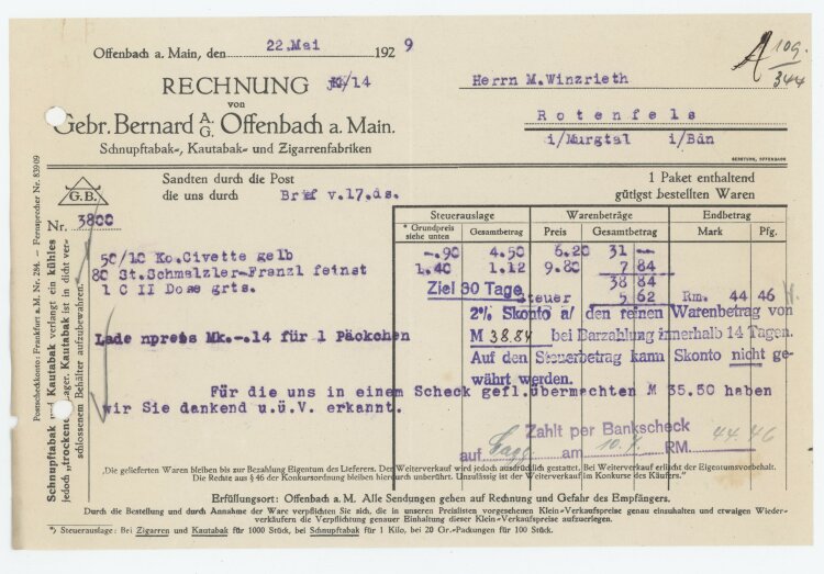 Firma M. Winzrieth (Kaufhaus)an Gebrüder Bernard AG- Rechnung - 22.05.1929