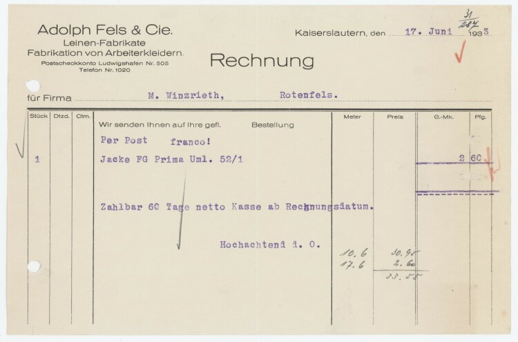 Firma M. Winzrieth (Kaufhaus)an Adolph Fels & Cie- Rechnung - 17.06.1933