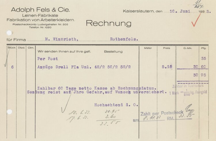 Firma M. Winzrieth (Kaufhaus)an Adolph Fels & Cie- Rechnung - 10.06.1933