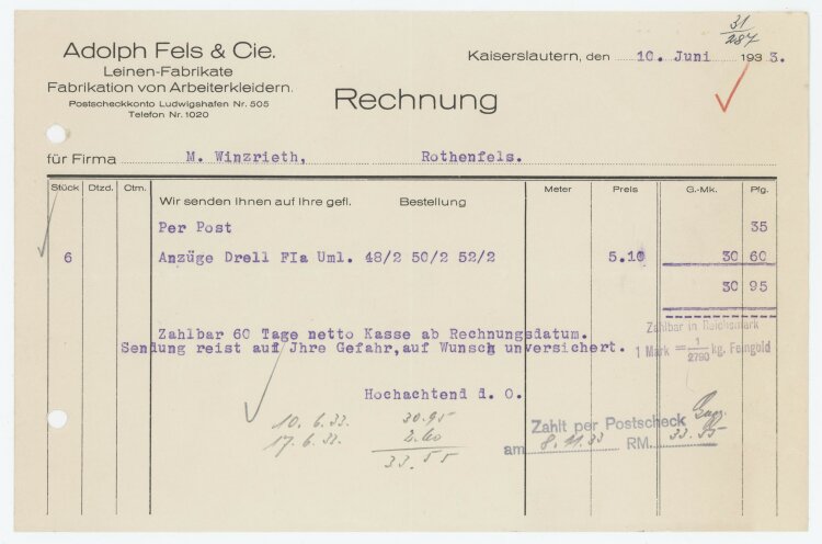 Firma M. Winzrieth (Kaufhaus)an Adolph Fels & Cie- Rechnung - 10.06.1933