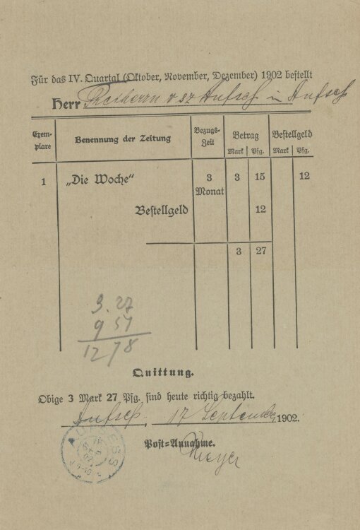 Otto von und zu Aufsessan August Scherl GmbH- Rechnung -...