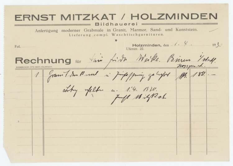 Frau Frida Weikean Ernst Mitzkat Bilhauerei- Rechnung - 01.04.1930