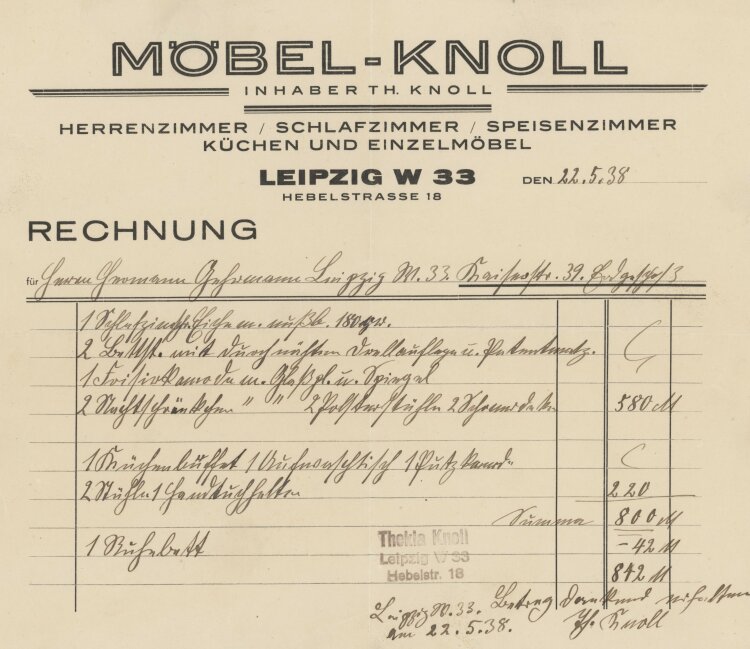 Hermann Gehrmannan Möbel-Knoll- Rechnung - 22.05.1938