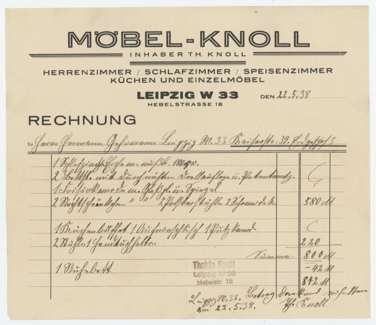 Hermann Gehrmannan Möbel-Knoll- Rechnung - 22.05.1938