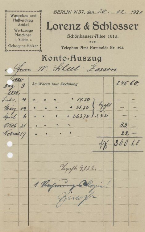 Wilhelm Scheel, Schmiedemeisteran Lorenz & Schlosser- Rechnung - 20.12.1921
