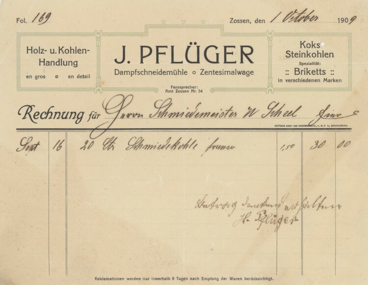Wilhelm Scheel, Schmiedemeisteran J. Pflüger- Rechnung - 01.10.1909