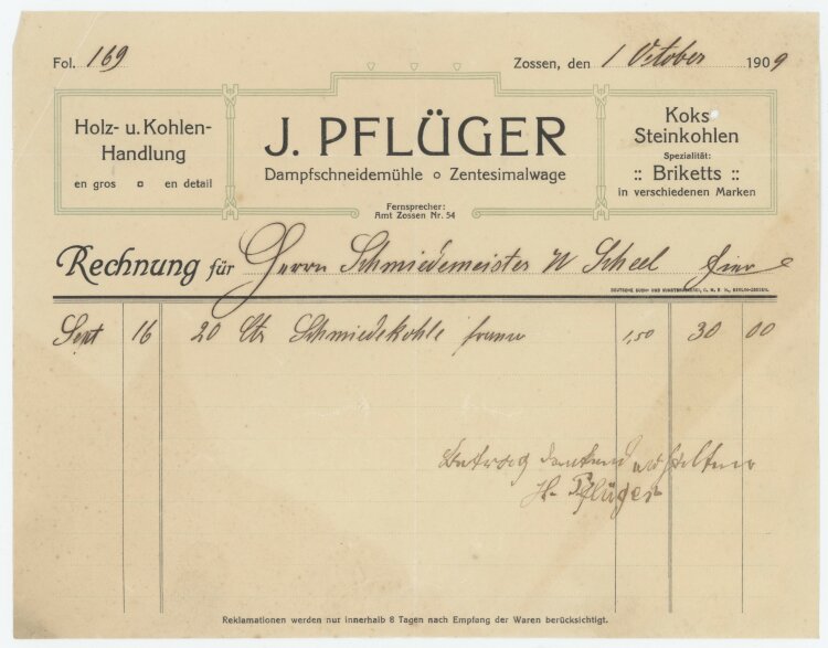 Wilhelm Scheel, Schmiedemeisteran J. Pflüger- Rechnung - 01.10.1909