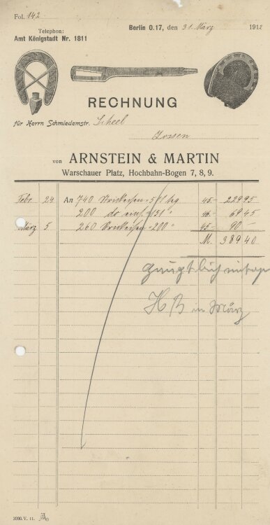 Wilhelm Scheel, Schmiedemeisteran Arnstein & Martin- Rechnung - 31.03.1912