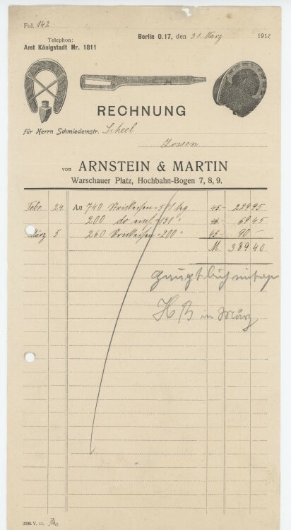 Wilhelm Scheel, Schmiedemeisteran Arnstein & Martin- Rechnung - 31.03.1912