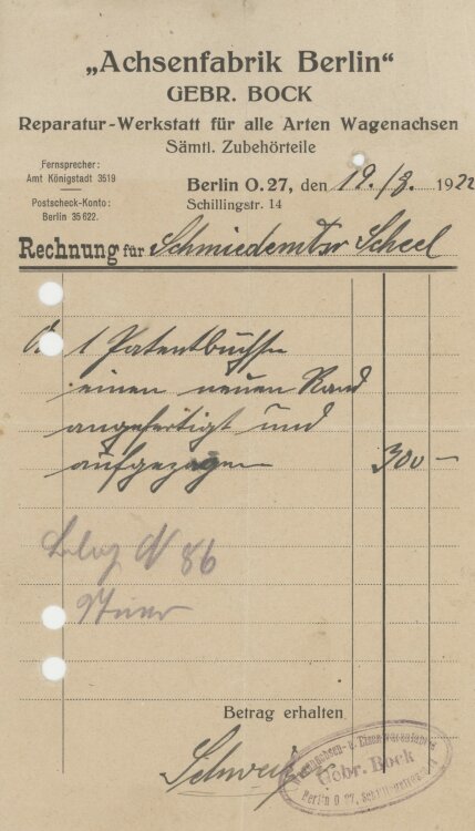 Wilhelm Scheel, Schmiedemeisteran Achsenfabrik Berlin, Gebrüder Bock- Rechnung - 19.08.1922