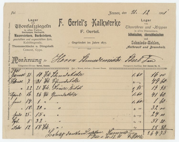 Wilhelm Scheel, Schmiedemeisteran F. Oertels Kalkwerke- Rechnung - 31.12.1901