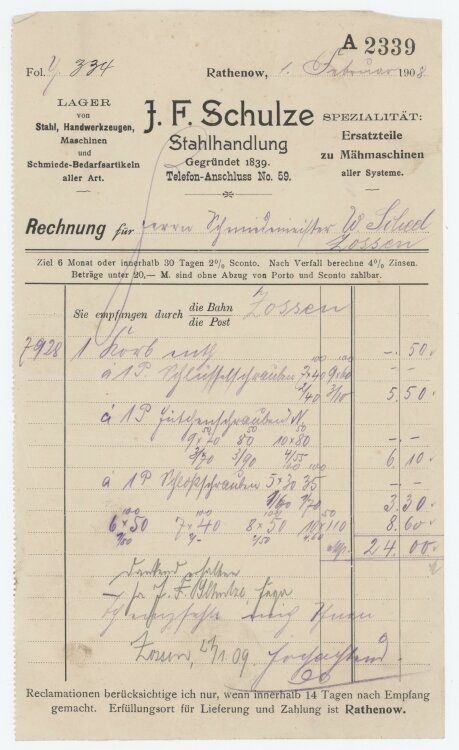 Wilhelm Scheel, Schmiedemeisteran J. F. Schulze, Stahlhandlung- Rechnung - 01.02.1908