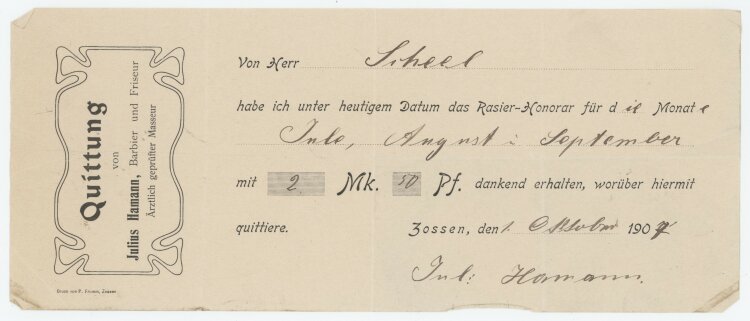 Julius Hamann, Barbier und Friseur - Rechnung - 01.10.1907