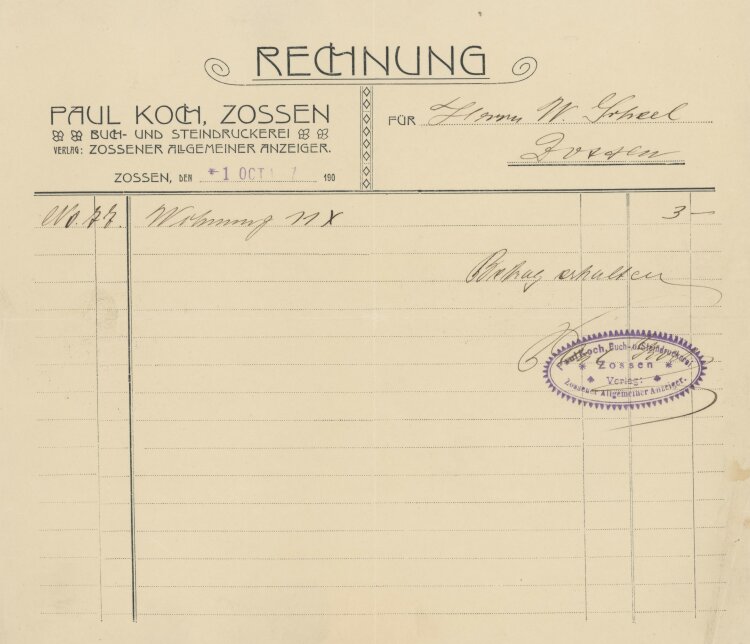 Wilhelm Scheel, Schmiedemeisteran Paul Koch, Buch- und Steindruckerei- Rechnung - 01.10.1907