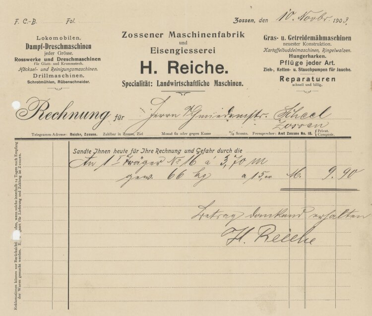 Wilhelm Scheel, Schmiedemeisteran Zossener Maschinenfabrik- Rechnung - 10.10.1903