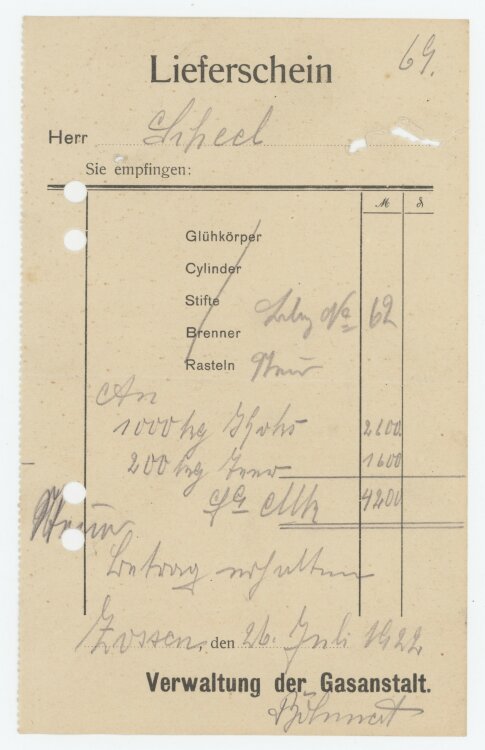 Verwaltung der Gasanstalt - Rechnung - 22.07.1922