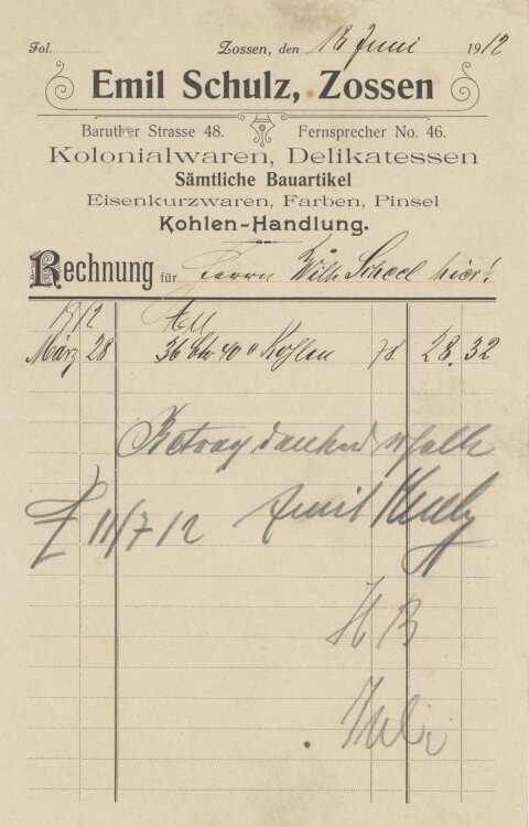 Wilhelm Scheel, Schmiedemeisteran Emil Schulz, Handlung- Rechnung - 18.06.1912