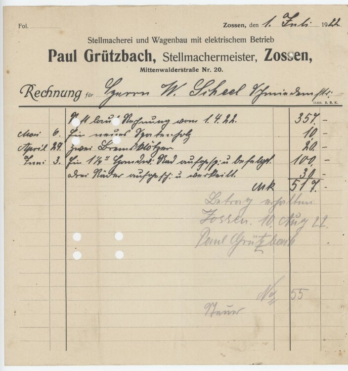 Wilhelm Scheel, Schmiedemeisteran Paul Grützbach, Stellmachermeister- Rechnung - 01.07.1922