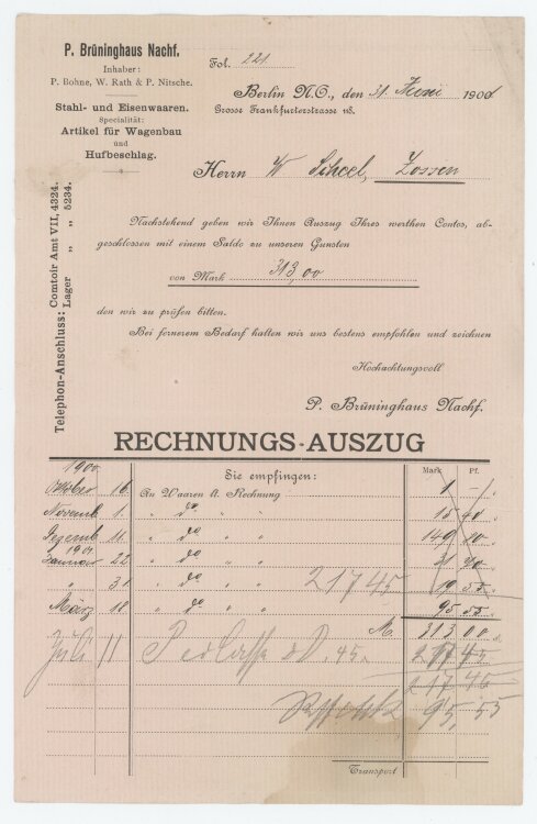Wilhelm Scheel, Schmiedemeisteran P. Brüninghaus Nachfolger- Rechnung - 31.06.1901