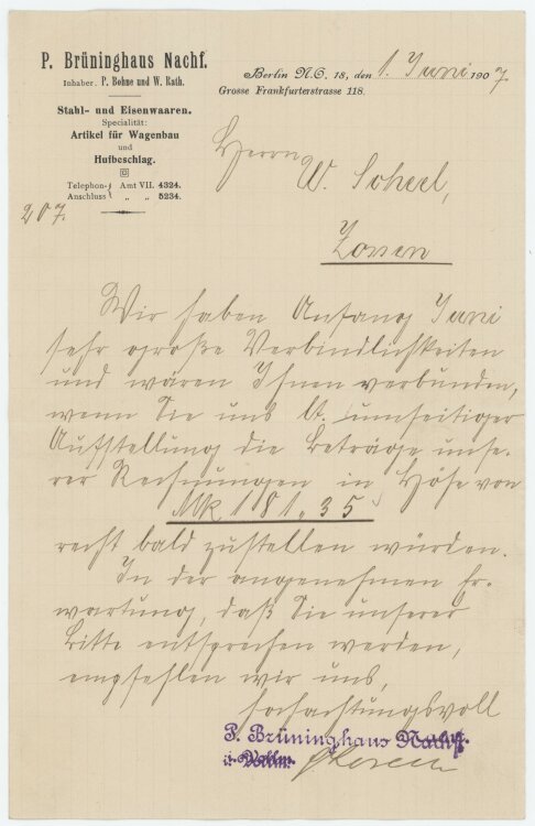 Wilhelm Scheel, Schmiedemeisteran P. Brüninghaus Nachfolger- Rechnung - 01.06.1907