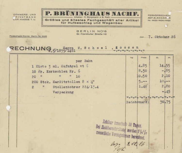 Wilhelm Scheel, Schmiedemeisteran P. Brüninghaus Nachfolger- Rechnung - 07.10.1926