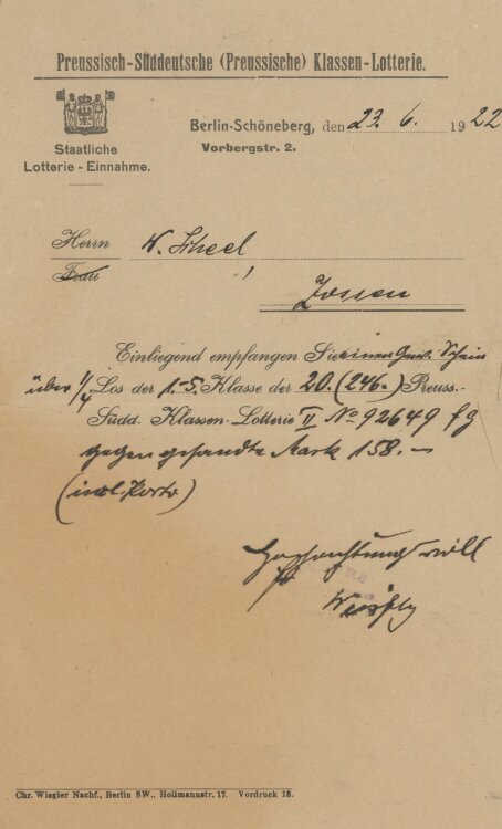 Preussisch-Süddetusche (Preussische) Klassen-Lotterie - Rechnung - 23.06.1922