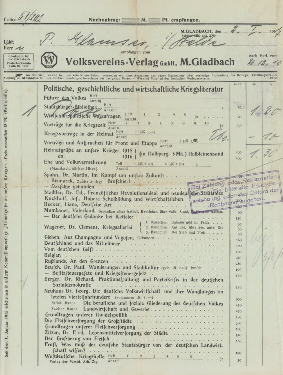 Herr P. Glamseran Volksvereins-Verlag GmbH- Rechnung - 02.01.1917