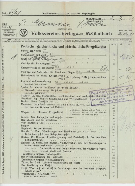 Herr P. Glamseran Volksvereins-Verlag GmbH- Rechnung - 02.01.1917