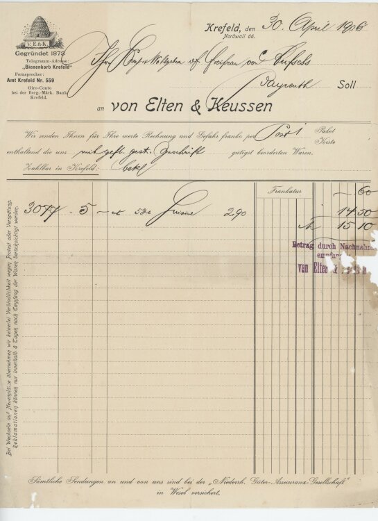 Baronin von Aufsessan Elten & Keussen- Rechnung - 30.04.1906