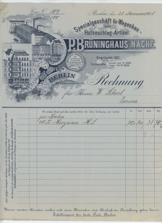 Wilhelm Scheel, Schmiedemeisteran P. Brüninghaus Nachfolger- Rechnung - 22.01.1901