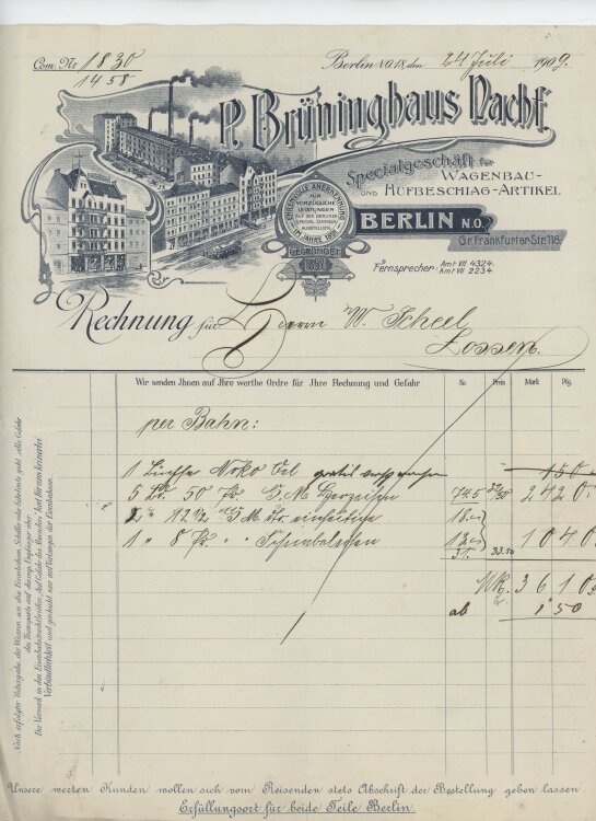 Wilhelm Scheel, Schmiedemeisteran P. Brüninghaus Nachfolger- Rechnung - 24.07.1909