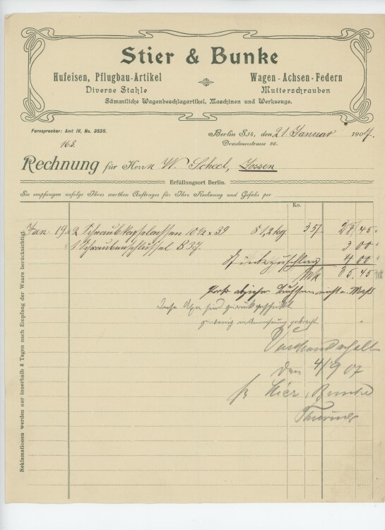 Wilhelm Scheel, Schmiedemeisteran Stier & Bunke- Rechnung - 21.01.1907